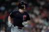 Cleveland Guardians' Travis Bazzana runs to first base after hitting an RBI single during the seventh inning of a baseball game against the Houston Astros, Saturday, June 20, 2026, in Houston. (AP Photo/Kevin M. Cox)
