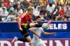 Belgium's Kevin De Bruyne, front, tries control the ball past Iran's Hossein Kanani during the World Cup Group G soccer match between Belgium and Iran in Inglewood, Calif., near Los Angeles, Sunday, June 21, 2026. (AP Photo/Andre Penner)