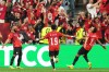 Egypt's Trezeguet (7) celebrates with Mohamed Salah (10) and Marawan Attia (19) after scoring his side's third goal during the World Cup Group G soccer match between New Zealand and Egypt in Vancouver, British Columbia, Sunday, June 21, 2026. (AP Photo/Abbie Parr)