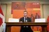 Manitoba Finance Minister Adrien Sala speaks to the media about Budget 2026 at the legislature in Winnipeg, on Tuesday, March 24, 2026. THE CANADIAN PRESS/David Lipnowski