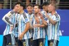 Argentina's Lionel Messi (10) celebrates scoring his side's first goal against Austria with teammates during the World Cup Group J soccer match in Arlington, Texas, near Dallas, Monday, June 22, 2026. (AP Photo/Tony Gutierrez)