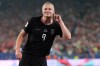 Norway's Erling Haaland (9) celebrates after scoring their third goal during the World Cup Group I soccer match between Norway and Senegal in East Rutherford, N.J., near New York, Monday, June 22, 2026. (AP Photo/Steve Luciano)