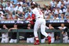 Minnesota Twins' Byron Buxton watches his solo home run against the Los Angeles Dodgers during the first inning of a baseball game, Monday, June 22, 2026, in Minneapolis. (AP Photo/Matt Krohn)