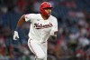 Washington Nationals' James Wood runs after hitting a double during the first inning of a baseball game against the Philadelphia Phillies, Monday, June 22, 2026, in Washington. (AP Photo/John McDonnell) CORRECTION: Wood hit a double not a single.