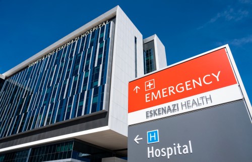 Sidney & Lois Eskenazi Hospital is pictured on March 24, 2026, in Indianapolis. (Brett Phelps/Mirror Indy/CatchLight Local/Report for America via AP)