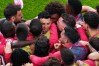Portugal's Cristiano Ronaldo, center, celebrates with teammates after scoring the opening goal during the World Cup Group K soccer match between Portugal and Uzbekistan in Houston, Tuesday, June 23, 2026. (AP Photo/Karen Warren)