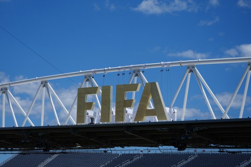 The FIFA signage stands over Toronto stadium, Tuesday, June 23, 2026, in Toronto. (AP Photo/Alexandra Antoniono)