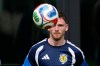 Scotland's Andy Robertson participates in a training session for the national soccer team on the eve of their Group C World Cup game against Brazil, in Fort Lauderdale, Fla., Tuesday, June 23, 2026. (AP Photo/Rebecca Blackwell)