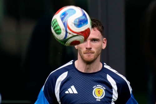 Scotland's Andy Robertson participates in a training session for the national soccer team on the eve of their Group C World Cup game against Brazil, in Fort Lauderdale, Fla., Tuesday, June 23, 2026. (AP Photo/Rebecca Blackwell)
