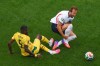 Ghana's Thomas Partey (5) trips up England's Harry Kane, right, during the second half of a World Cup Group L soccer match in Foxborough, Mass., near Boston, Tuesday, June 23, 2026. (AP Photo/Steven Senne)