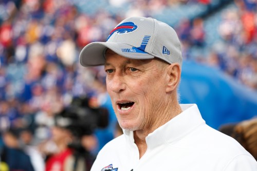 FILE - Former NFL quarterback of the Buffalo Bills' Jim Kelly before an NFL football game against the Tennessee Titans Monday, Sept. 19, 2022, in Orchard Park, N.Y. (AP Photo/Jeffrey T. Barnes,File)