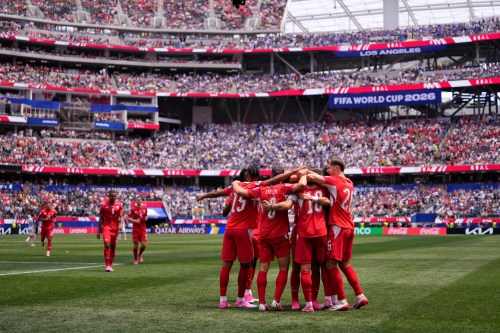 Switzerland's players celebrate after scoring, from the penalty spot, their side's fourth goal during the World Cup Group B soccer match between Switzerland and Bosnia in Inglewood, Calif., near Los Angeles, Thursday, June 18, 2026. (AP Photo/Mark J. Terrill)