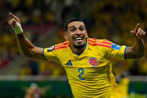 Colombia's Daniel Munoz celebrates after scoring his side's opening goal during the World Cup Group K soccer match between Colombia and Congo in Zapopan, near Guadalajara, Mexico, Tuesday, June 23, 2026. (AP Photo/Ricardo Mazalan)