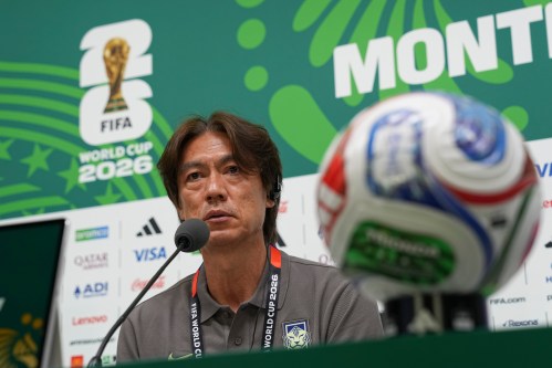 South Korea head coach Hong Myung-bo gives a press conference ahead of the FIFA World Cup match against South Africa in Guadalupe, near Monterrey, Mexico, Tuesday, June 23, 2026. (AP Photo/Dolores Ochoa)