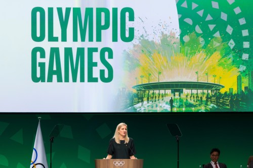 International Olympic Committee (IOC) President Kirsty Coventry, speaks during the 146th Session of the International Olympic Committee (IOC) at the SwissTech Convention Centre, in Lausanne, Switzerland, Wednesday, June 24, 2026. (Cyril Zingaro/Keystone via AP)