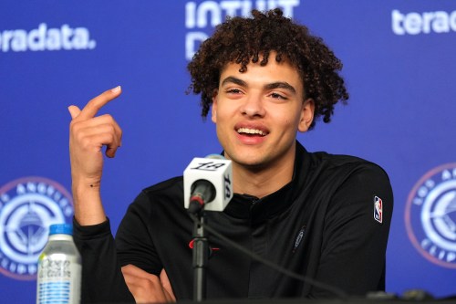 Keaton Wagler is introduced as the Los Angeles Clippers NBA basketball team's first round pick on Wednesday, June 24, 2026, in Inglewood, Calif. (AP Photo/Scott Strazzante)