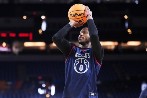 Arizona's Jaden Bradley shoots during practice ahead of an NCAA college basketball tournament semifinal game against Michigan at the Final Four, Friday, April 3, 2026, in Indianapolis. (AP Photo/Michael Conroy)