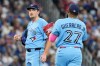 Toronto Blue Jays pitcher Trey Yesavage (39) reacts as he is pulled from the game as Jays Vladimir Guerrero Jr. approaches the mound during 5th inning of MLB baseball action against Houston Astros in Toronto on Wednesday, June 24, 2026. THE CANADIAN PRESS/Chris Young