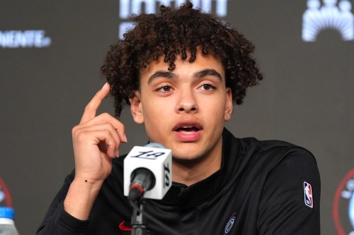 Keaton Wagler answers a question as he is introduced as the Los Angeles Clippers NBA basketball team's first round pick on Wednesday, June 24, 2026, in Inglewood, Calif. (AP Photo/Scott Strazzante)