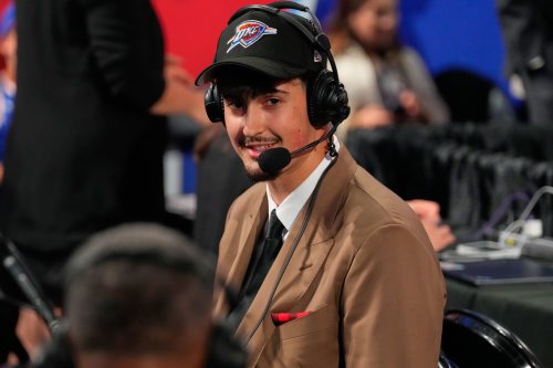 Aday Mara is interviewed after being selected by the Oklahoma City Thunder as the 12th pick in the first round of the NBA basketball draft, Tuesday, June 23, 2026, in New York. (AP Photo/Yuki Iwamura)