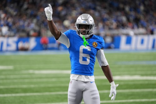 FILE - Detroit Lions cornerback Terrion Arnold (6) reacts to a play against the Green Bay Packers during an NFL football game Thursday, Nov. 27, 2025, in Detroit. (AP Photo/Paul Sancya,File)