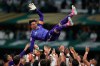 Mexico goalkeeper Guillermo Ochoa (13) is celebrated by his team after the World Cup Group A soccer match between Czechia and Mexico in Mexico City, Wednesday, June 24, 2026. (AP Photo/Natacha Pisarenko )
