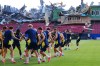Demolition is visible to the stands at Toyota Stadium, home of MLS soccer's FC Dallas, as Sweden's Taha Ali, far right, tries to get to his head on the ball during a a training session ahead of Sweden's World Cup Group F soccer match against Japan, Wednesday, June 24, 2026, in Frisco, Texas. (AP Photo/Julio Cortez)