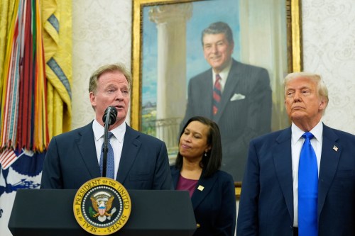 FILE - NFL Commissioner Roger Goodell, from left, speaks as District of Columbia Mayor Muriel Bowser and President Donald Trump listen during an event to announce that the 2027 NFL Draft will be held on the National Mall, in the Oval Office of the White House, May 5, 2025, in Washington. (AP Photo/Alex Brandon, File)