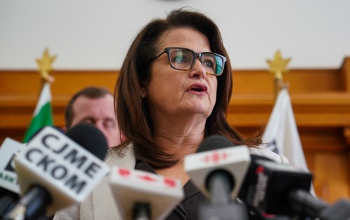Saskatchewan NDP Leader of the Opposition Carla Beck speaks during a press conference before the release of provincial Saskatchewan budget in Regina, on Wednesday, March 18, 2026. THE CANADIAN PRESS/Heywood Yu