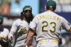 Athletics' Lawrence Butler, left, celebrates with Shea Langeliers (23) after their team's victory against the San Francisco Giants at a baseball game in San Francisco, Thursday, June 25, 2026. (AP Photo/Jed Jacobsohn)