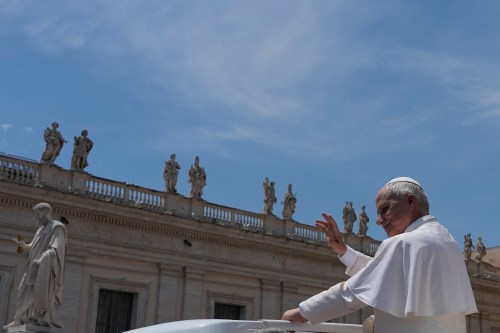 Pope Leo XIV waves as he leaves after his weekly general audience in St. Peter's Square at The Vatican, Wednesday, June 24, 2026. (AP Photo/Alessandra Tarantino)