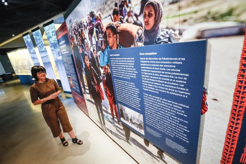 Isabelle Masson, curator, views the new exhibit, Palestine Uprooted - Nakba Past and Present, that she created at the Canadian Museum for Human Rights (CMHR) in Winnipeg, Friday, June 26, 2026. THE CANADIAN PRESS/John Woods