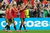 Belgium's Kevin De Bruyne (7) celebrates with teammates after scoring his team's third goal during the World Cup Group G soccer match between New Zealand and Belgium in Vancouver, British Columbia, Friday, June 26, 2026. (AP Photo/Abbie Parr)