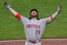 Cincinnati Reds' Eugenio Suárez celebrates as he crosses home plate after hitting a three-run home run off Pittsburgh Pirates pitcher Gregory Soto during the ninth inning of a baseball game in Pittsburgh, Saturday, June 27, 2026. (AP Photo/Gene J. Puskar)