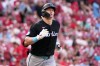 Miami Marlins' Kyle Stowers heads to first on an RBI single during the first inning of a baseball game against the St. Louis Cardinals Saturday, June 27, 2026, in St. Louis. (AP Photo/Jeff Roberson)
