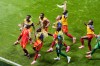 Congo's Yoane Wissa (20) celebrates with teammates after scoring their third goal during the World Cup Group K soccer match between DR Congo and Uzbekistan in Atlanta, Saturday, June 27, 2026. (AP Photo/Mike Stewart)