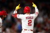 Los Angeles Angels' Oswald Peraza (2) reacts after hitting a one-run single during the eighth inning of a baseball game against the Athletics, Saturday, June 27, 2026, in Anaheim, Calif. (AP Photo/Caroline Brehman)