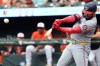 Washington Nationals' Luis Garcia Jr. hits an RBI double during the third inning of a baseball game against the Baltimore Orioles, Sunday, June 28, 2026, in Baltimore. (AP Photo/Daniel Kucin Jr.)