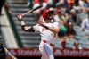 Los Angeles Angels' Josh Lowe watches his grand slam during the second inning of a baseball game against the Athletics, Sunday, June 28, 2026, in Anaheim, Calif. (AP Photo/Caroline Brehman)