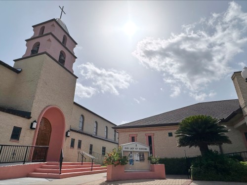 The sun beams over the Our Lady of Sorrows Church in McAllen, Texas, Monday, June 29, 2026. (AP Photo/Valerie Gonzalez)