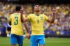 Brazil's Casemiro (5) celebrates after scoring his side's first goal during the World Cup round of 32 soccer match between Brazil and Japan in Houston, Monday, June 29, 2026. (AP Photo/Ashley Landis)