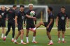 United States' Giovanni Reyna, center left, Antonee Robinson, center, and Tyler Adams practice during a training session ahead of their FIFA World Cup match against Bosnia in Irvine, Calif., Monday, June 29, 2026. (AP Photo/Andre Penner)