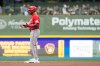 Cincinnati Reds' Dane Myers gestures after hitting an RBI double during the first inning of a baseball game against the Milwaukee Brewers, Monday, June 29, 2026, in Milwaukee. (AP Photo/Aaron Gash)