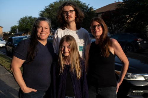 Jamie Corum, her children Ivy Edgar, 10, Cash Edgar, 17, and wife Jessica Edgar-Corum pose for a portrait in their neighborhood on Monday, June 29, 2026, in Pflugerville, Texas. (AP Photo/Joel Angel Juarez)