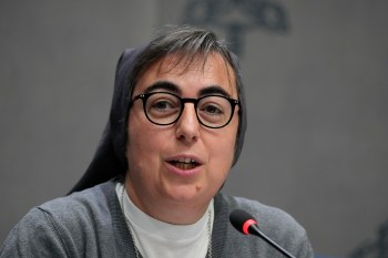 FILE - Sister Alessandra Smerilli, secretary general of the Vatican Dicastery for Promoting Integral Human Development, attends a press conference at the Vatican, Tuesday, Sept. 30, 2025. (AP Photo/Gregorio Borgia, File)
