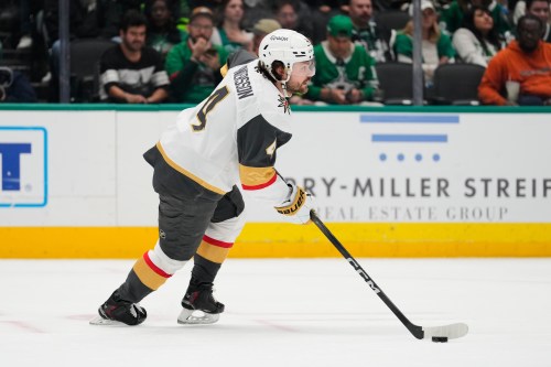 Vegas Golden Knights defenceman Rasmus Andersson controls the puck against the Stars in Dallas on Tuesday, March 10, 2026. (AP Photo/Tony Gutierrez)