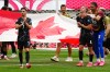 Canada's Stephen Eustáquio (7) applauds after the defeat over South Africa during second half World Cup Round of 32 soccer, in Los Angeles, on Sunday, June 28, 2026. THE CANADIAN PRESS/Frank Gunn