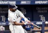 Tampa Bay Rays' Junior Caminero hits a home run during the fifth inning of a baseball game against the Kansas City Royals Thursday, June 25, 2026, in St. Petersburg, Fla. (AP Photo/Jason Behnken)