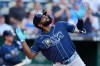 Tampa Bay Rays' Junior Caminero celebrates after hitting a three-run home run during the third inning of a baseball game against the Kansas City Royals, Tuesday, June 30, 2026, in Kansas City, Mo. (AP Photo/Charlie Riedel)