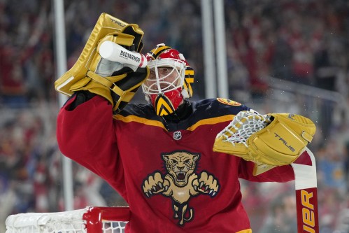 Florida Panthers goaltender Sergei Bobrovsky (72) sprays water on his face during against the New York Rangers in Miami on Friday, Jan. 2, 2026. (AP Photo/Lynne Sladky)